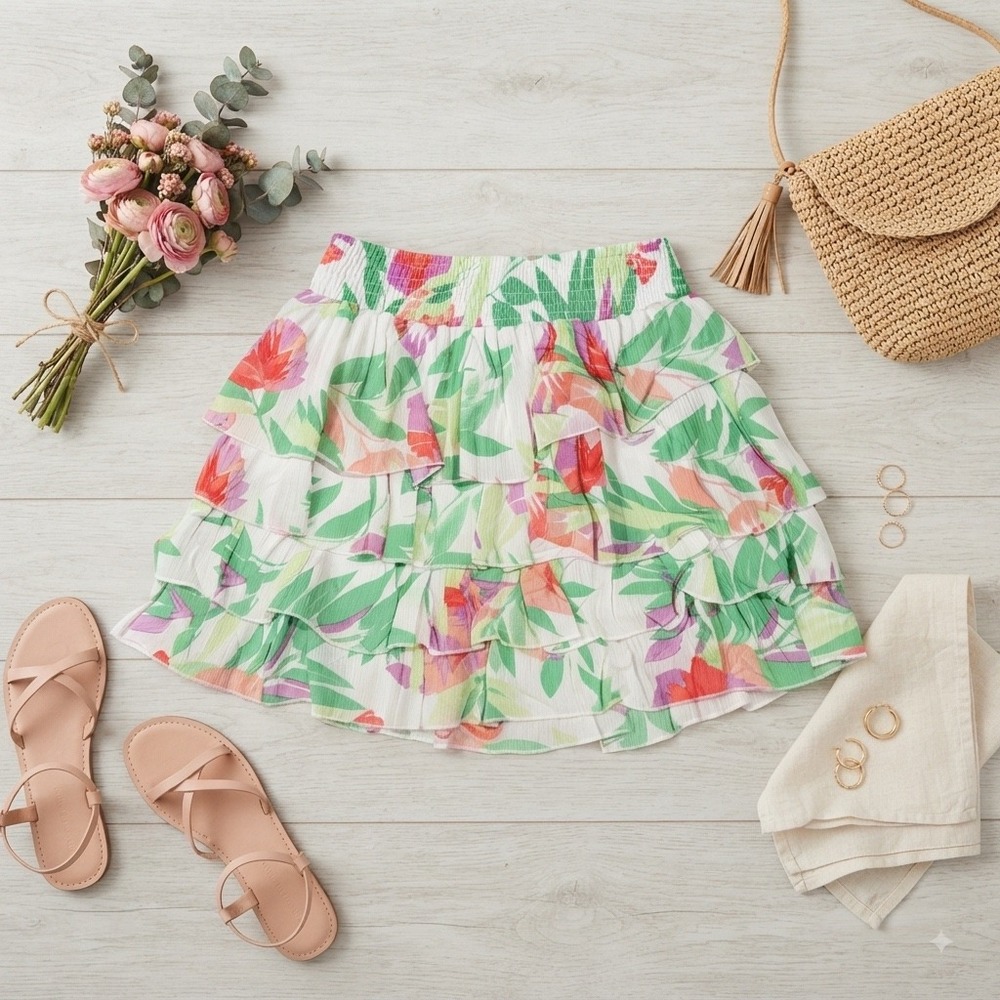 Aeropostale Floral Tiered Mini Skirt XS Green Pink Tropical Ruffle Smocked Waist